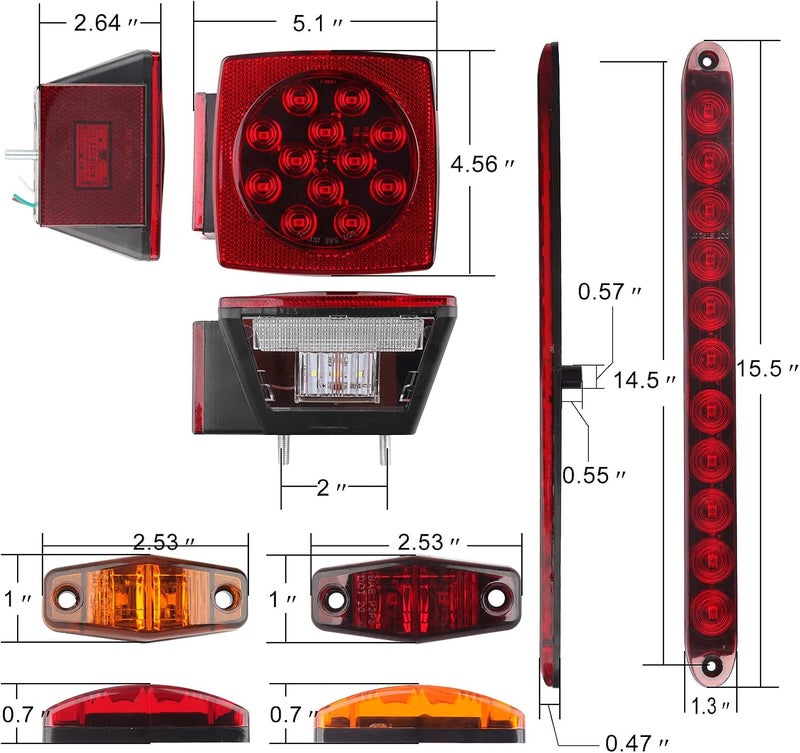 Partswcgg 12V Trailer Led Light Kit, 2x Square Led Stop Turn Tail Brake License Plate Running Lights w/ 25ft Wiring Harness/6x Mini Marker Lights/15" 11LED Trailer Tail Brake Light Bar/License Plate Bracket - Image 4
